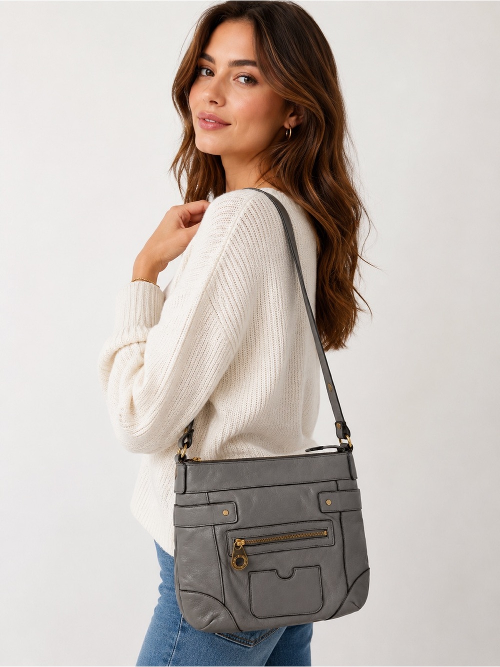 EUC Isaac Mizrahi Live Gray Pebbled Leather Crossbody Shoulder Bag